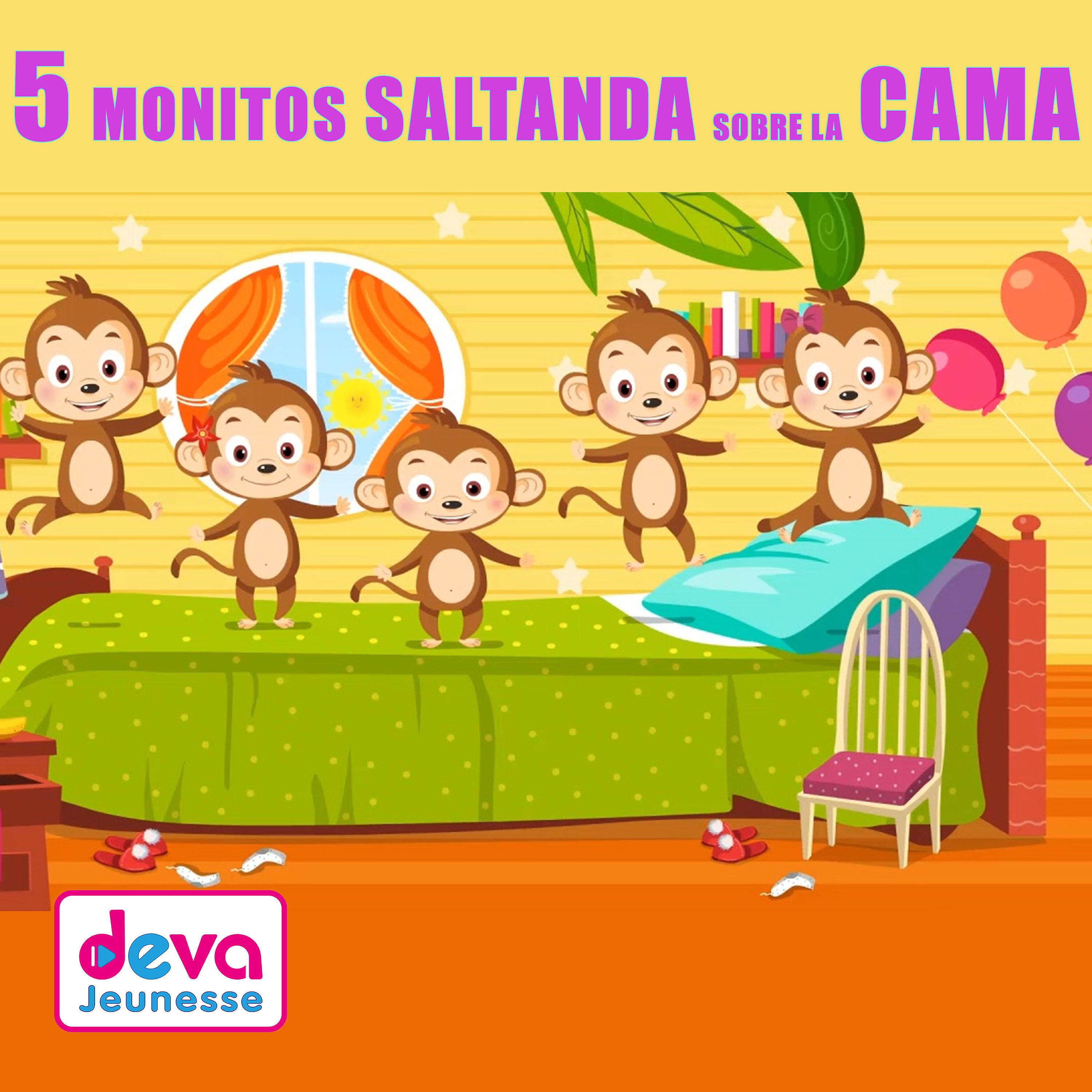 Релиз Cincos monitos saltanda sobre la cama