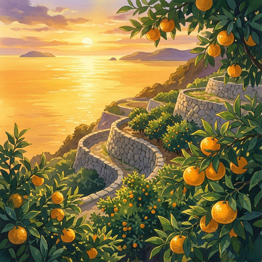 Релиз TERRACED CITRUS ORCHARD BASKING IN THE GOLDEN SUNSET SEA